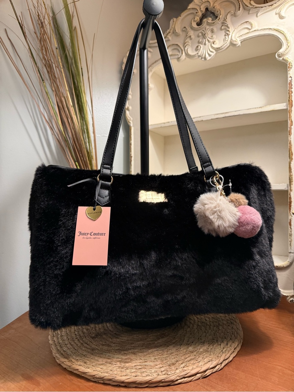 Juicy Couture Black Faux Fur Tote with Pink & Cream Pom Charms